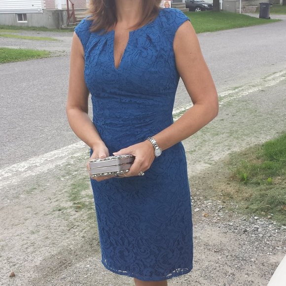 Adrianna Papell Pleated Side Drape Lace Sheath Dress - Picture 2 of 3